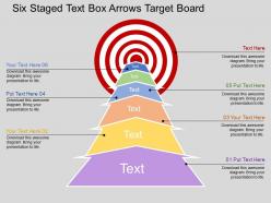 In six staged text box arrows target board flat powerpoint design