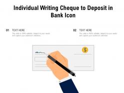 Individual writing cheque to deposit in bank icon