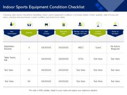 Indoor sports equipment condition checklist tennis bat ppt powerpoint presentation outline information