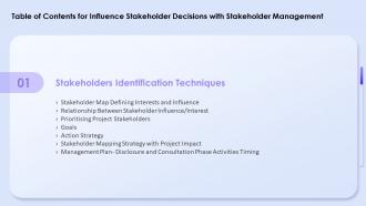 Influence Stakeholder Decisions With Stakeholder Management For Table Of Contents