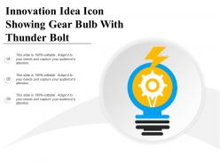 Innovation idea icon showing gear bulb with thunder bolt