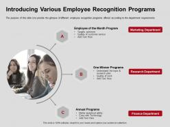 Introducing various employee recognition programs department ppt powerpoint slides tips