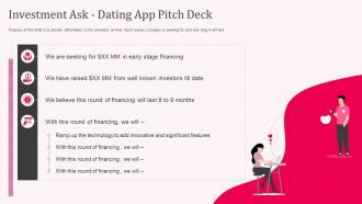 Investment ask dating app pitch deck ppt infographic template aids