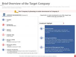 Investment banking brief overview of the target company ppt powerpoint presentation infographic