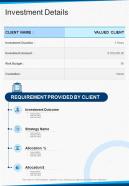 Investment Details Wealth Advisory Proposal One Pager Sample Example Document