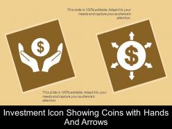 Investment icon showing coins with hands and arrows