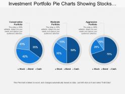 Investment portfolio pie charts showing stocks bonds cash with conservative portfolio