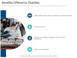 Investors presentation for charity benefits offered to charities ppt powerpoint layouts