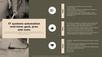 IT Systems Automation Overview Goal Pros And Cons Strategic Initiatives To Boost IT Strategy SS V