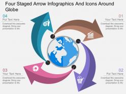 Jo four staged arrow infographics and icons around globe flat powerpoint design
