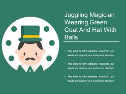 Juggling magician wearing green coat and hat with balls