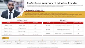 Juice Shop Business Plan Professional Summary Of Juice Bar Founder BP SS