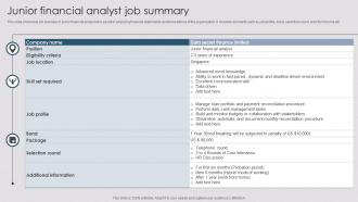 Junior Financial Analyst Job Summary