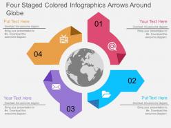 Jx four staged colored infographics arrows around globe flat powerpoint design