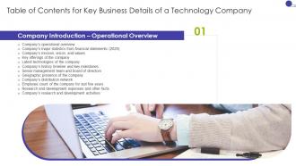 Key Business Details Of A Technology Company Table Of Contents
