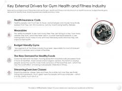 Key external drivers for gym health and fitness industry market entry strategy ppt elements