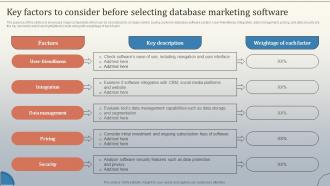 Key Factors To Consider Before Selecting Database Database Marketing Strategies MKT SS V