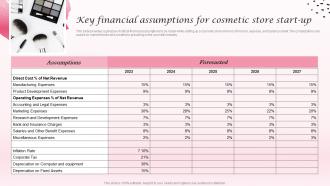 Key Financial Assumptions For Cosmetic Store Cosmetic Industry Business Plan BP SS