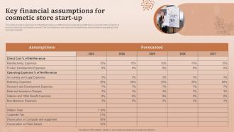 Key Financial Assumptions For Cosmetic Store Start Up Natural Cosmetic Business Plan BP SS