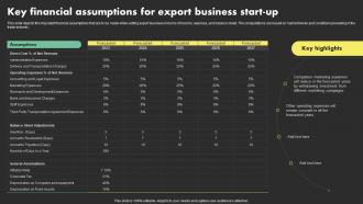 Key Financial Assumptions For Export Overseas Sales Business Plan BP SS
