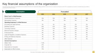 Key Financial Assumptions Of The Organization Sample Northern Trust Business Plan BP SS