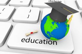 Key for education with globe and graduation cap stock photo