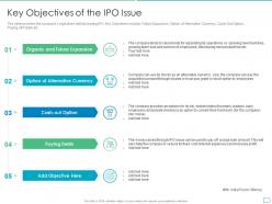 Key Objectives Of The IPO Issue Pitchbook For Initial Public Offering Deal Ppt Ideas Slide