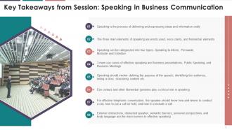 Key Takeaways For Speaking In Business Communication Training Session Training Ppt