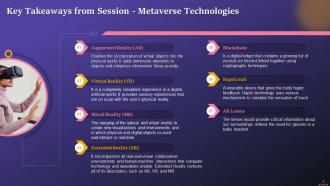 Key Takeaways On Session Metaverse Technologies Training Ppt