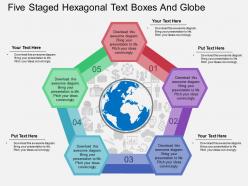 Kp five staged hexagonal text boxes and globe flat powerpoint design