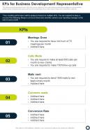Kpis For Business Development Representative One Pager Sample Example Document