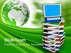 Laptop on pile of books with globe powerpoint templates ppt themes and graphics
