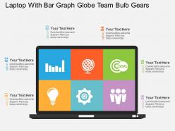 Laptop With Bar Graph Globe Team Bulb Gears Flat Powerpoint Design