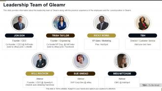 Leadership team of gleamr investor funding elevator pitch deck