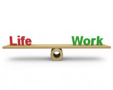 Life and work text on balance scale stock photo