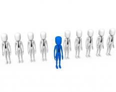 Line of white 3d men with one blue man showing leadership stock photo