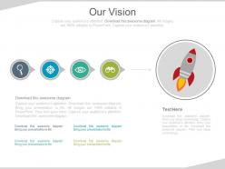 Linear flow diagram with rocket and business icons for business vision powerpoint slides