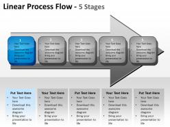 Linear process flow 5 stages shown by awwors and text boxes inside powerpoint templates 0712