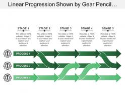 Linear progression shown by gear pencil image with unidirectional arrows
