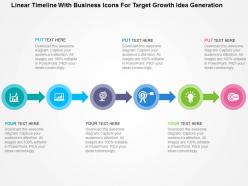 Linear timeline with business icons for target growth idea generation flat powerpoint design