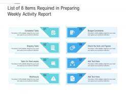 List of 8 items required in preparing weekly activity report