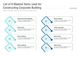 List of 8 material items used for constructing corporate building