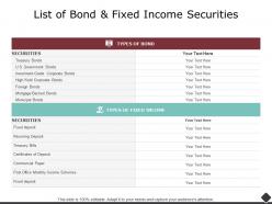 List of bond and fixed income securities commercial ppt powerpoint slides