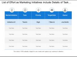 List of effort as marketing initiatives include details of task owner name and target date