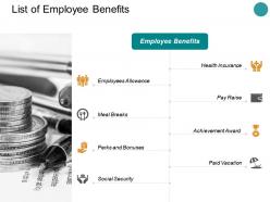 List of employee benefits ppt powerpoint presentation infographics deck