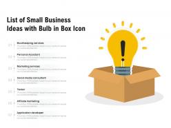 List of small business ideas with bulb in box icon