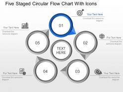 Ll five staged circular flow chart with icons powerpoint template slide
