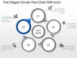 Ll five staged circular flow chart with icons powerpoint template slide