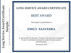 Long service award certificate sample