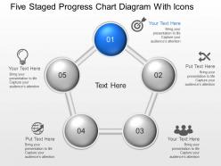 Lv five staged progress chart diagram with icons powerpoint template slide
